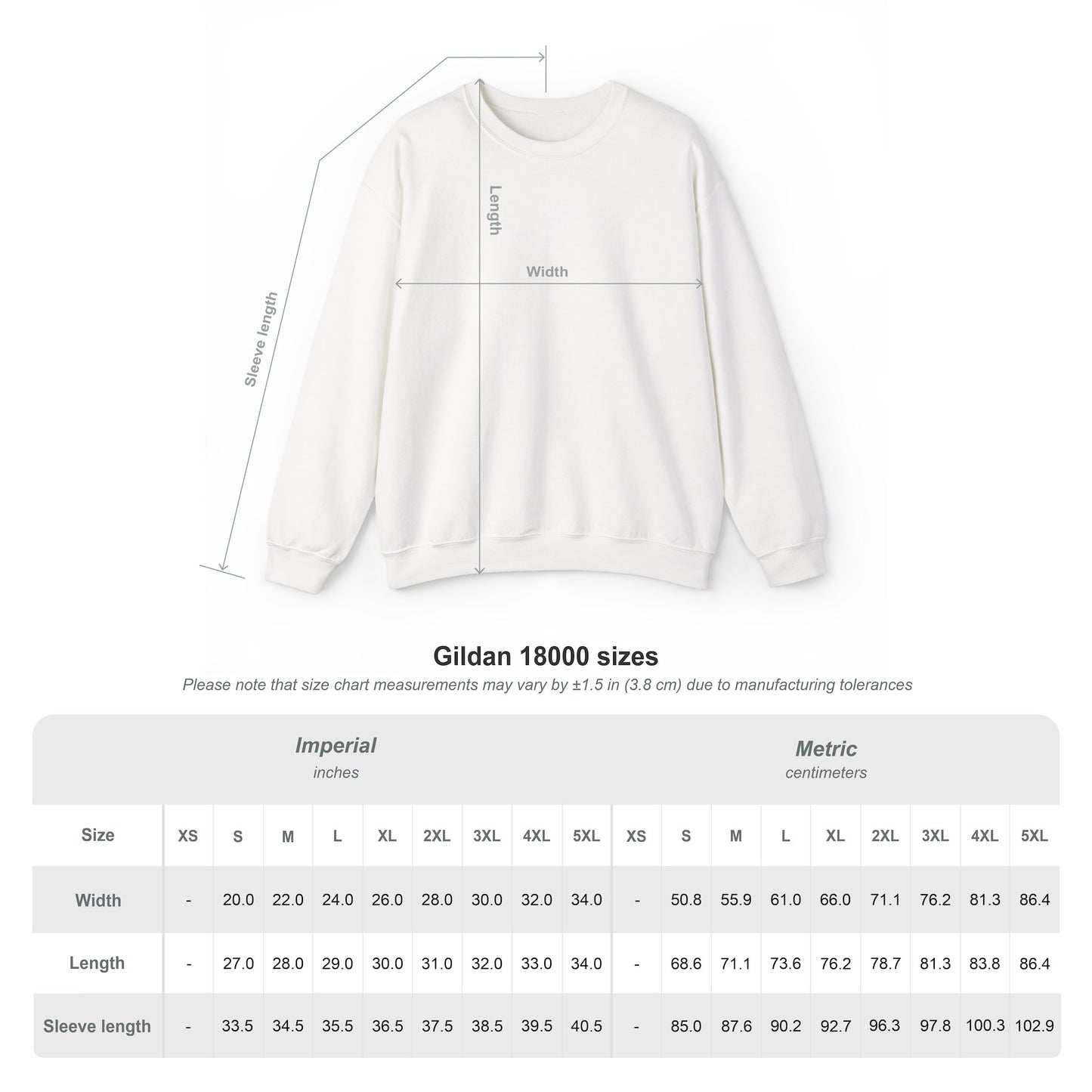 Size Chart for Gildan 18000 Sweatshirt
