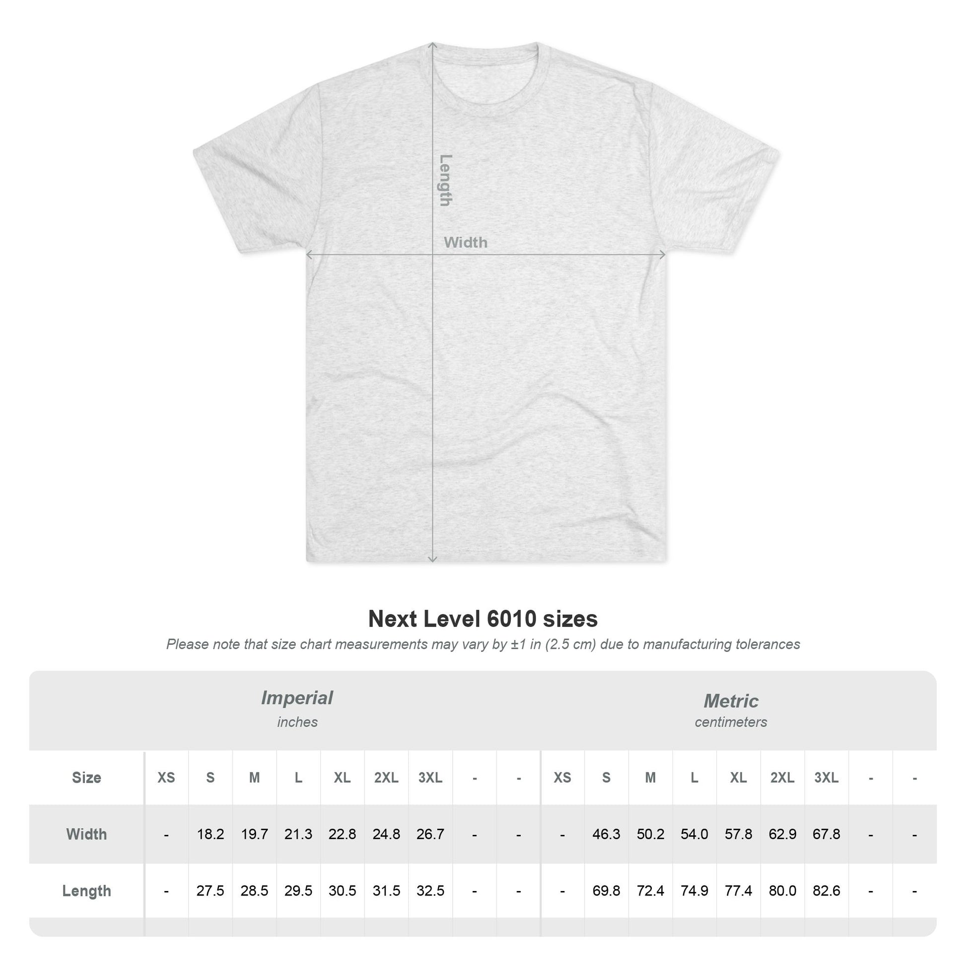 Size Chart for Next Level 6010 T-shirt