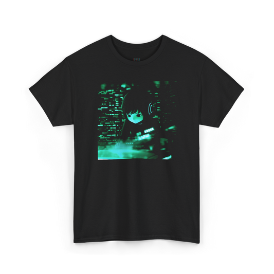 Black shirt featuring a robot with emo hair on green background