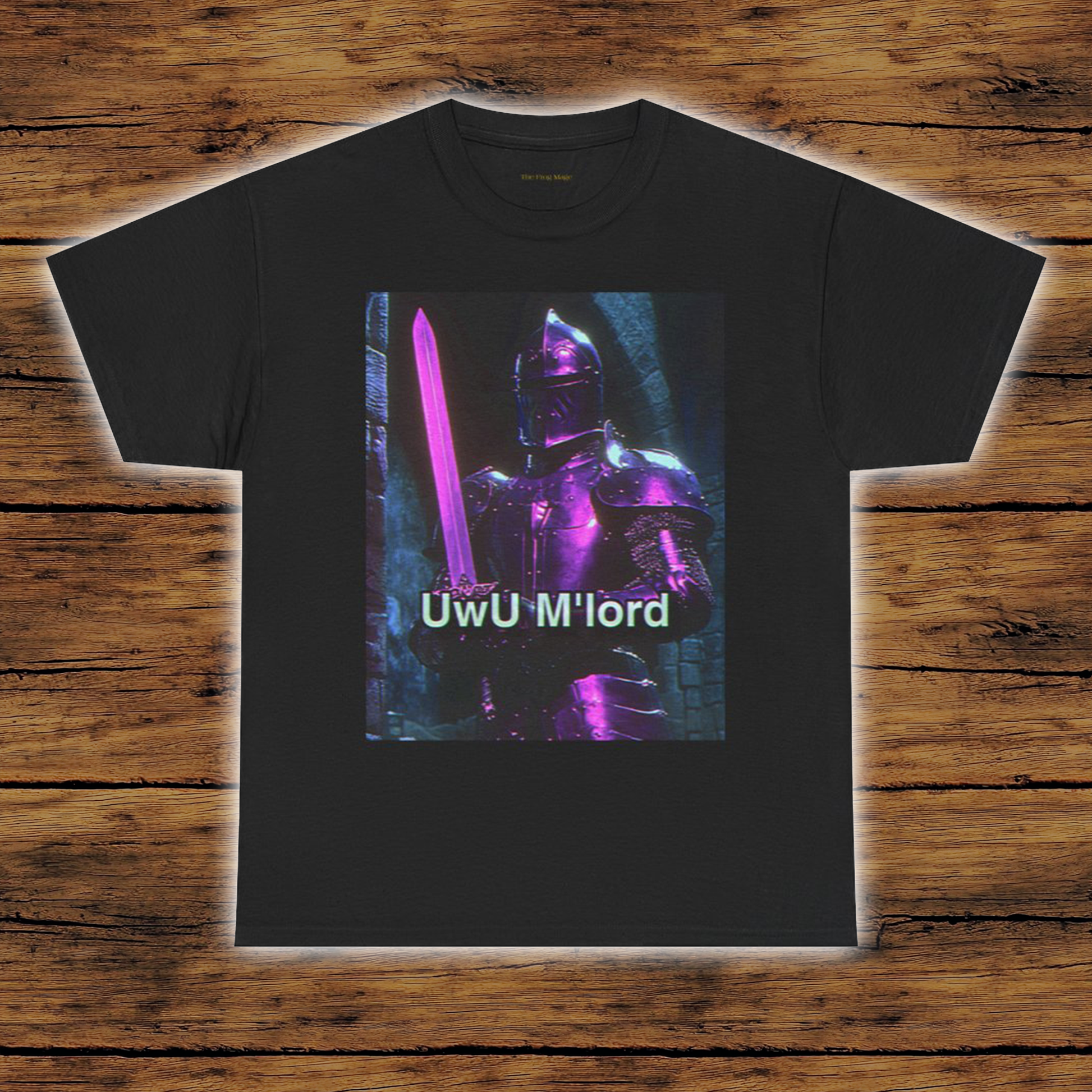 A black crew neck t-shirt with a graphic print of a pink knight character and the text 'UwU M'lord' on the front.